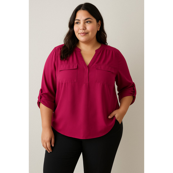 Torrid Magenta V-Neck Blouse w/ Roll Tab Sleeves Chic Office to Weekend Top 2X - Picture 1 of 7